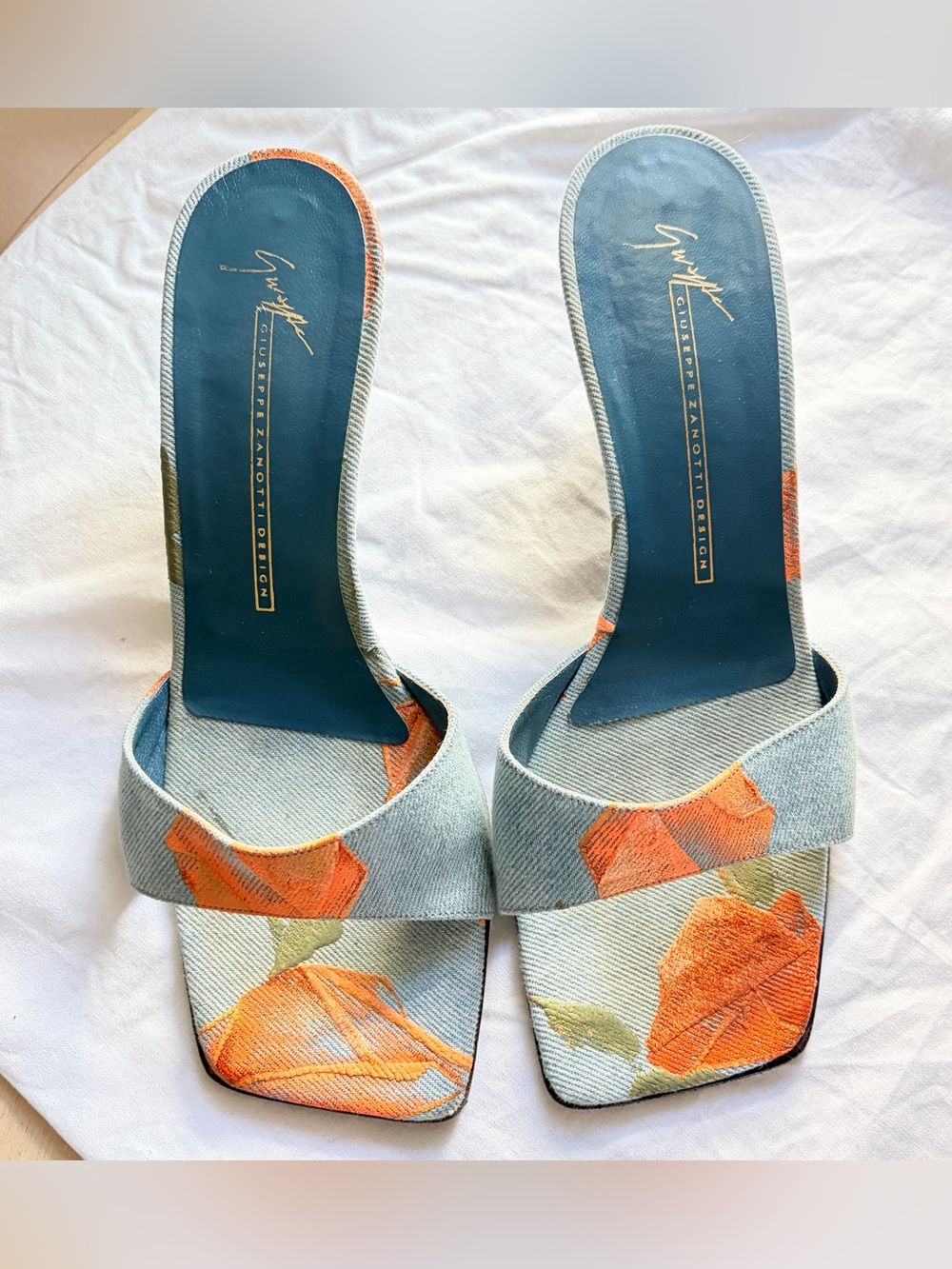 Giuseppe Zanotti Light Blue Denim Slide Mules with Orange Floral Print